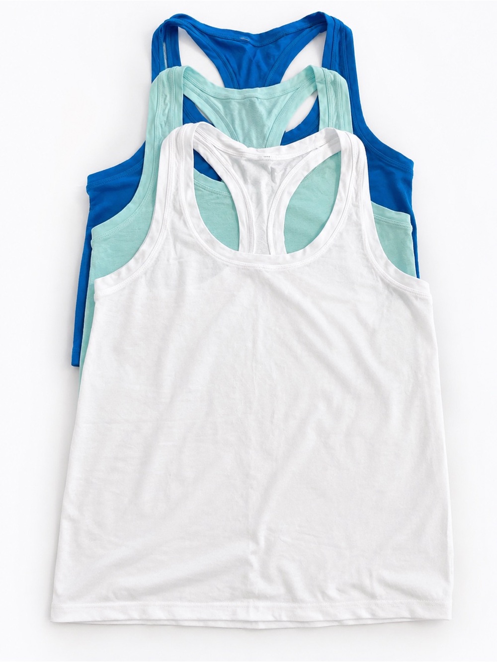 3-Pack Racerback Tank Tops in White, Mint & Blue